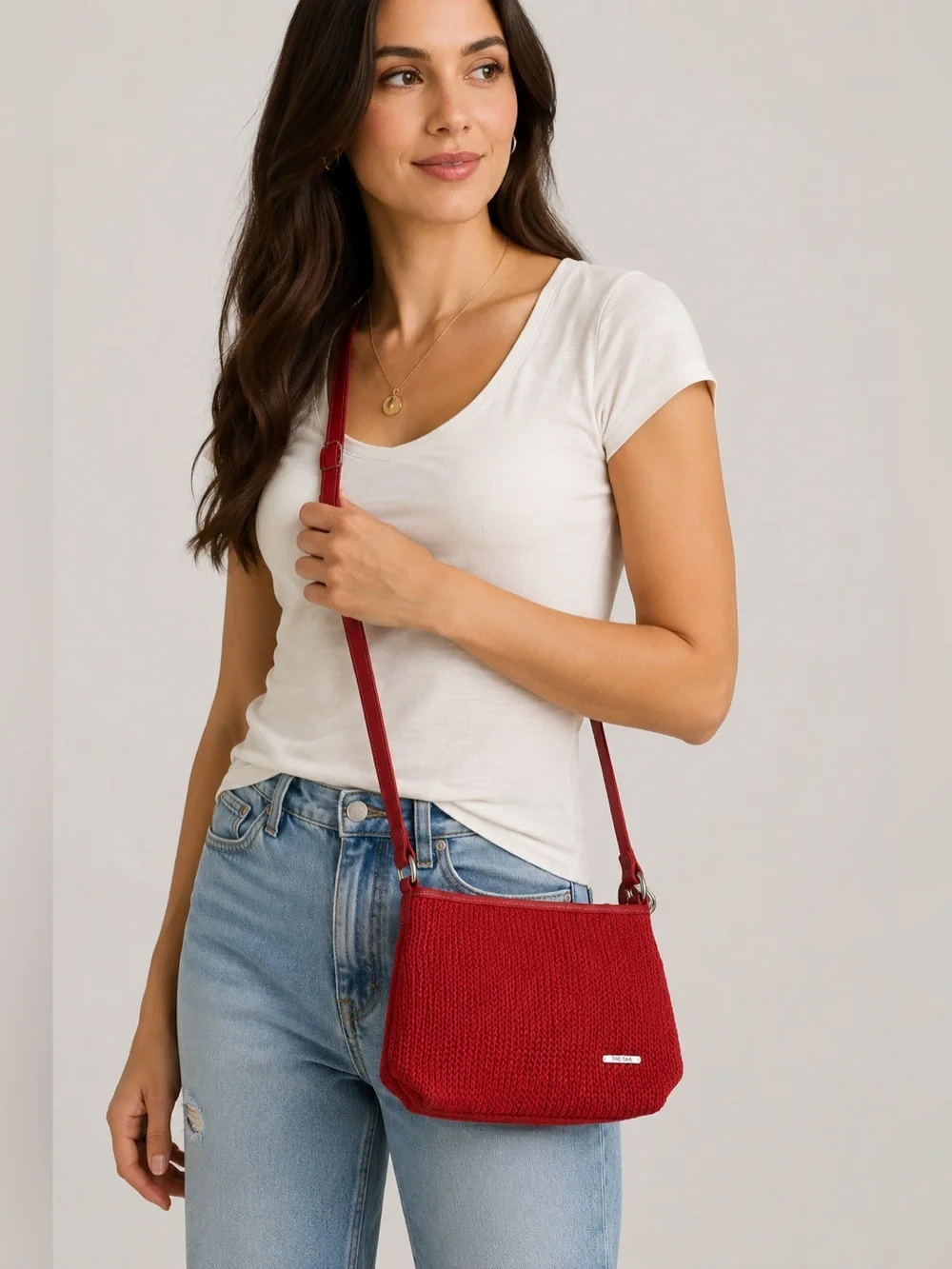 The Sak Red Crochet Crossbody Bag Signature Woven Knit Shoulder Purse